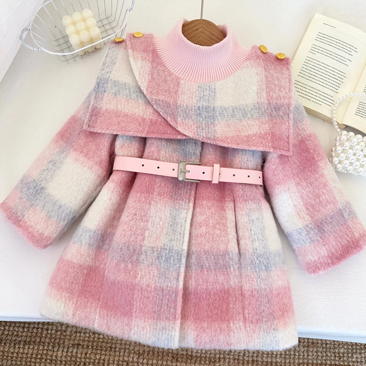 

New Year Clothes With Belt Kids Girls Jacket Coat Outwear Sweet Thicken Winter Woolen Coat for Girls Outdoor Overcoat Children's
