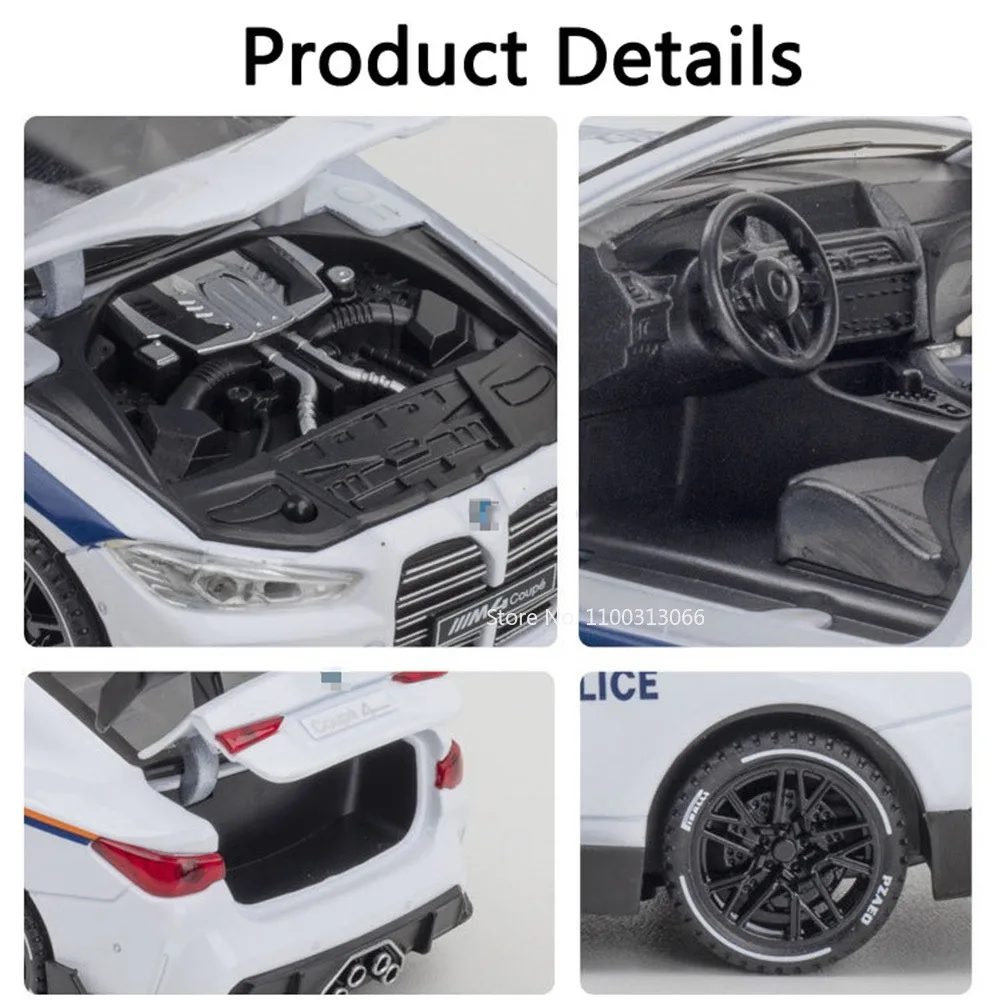 Coches de policía M4 de Metal 1:32, modelos de juguete, neumáticos de goma, vehículo extraíble, música ligera, coche deportivo, juguetes en miniatura, regalo de cumpleaños para novio