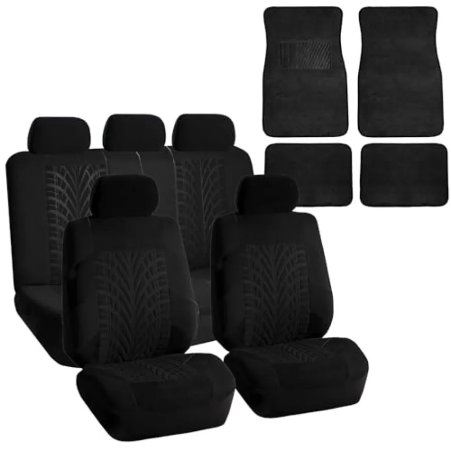 

Travel Master Car Seat Covers Full Set with Carpet Floor Mats Universal Fit for Cars Trucks and SUVs Black Premium Polyester Fa