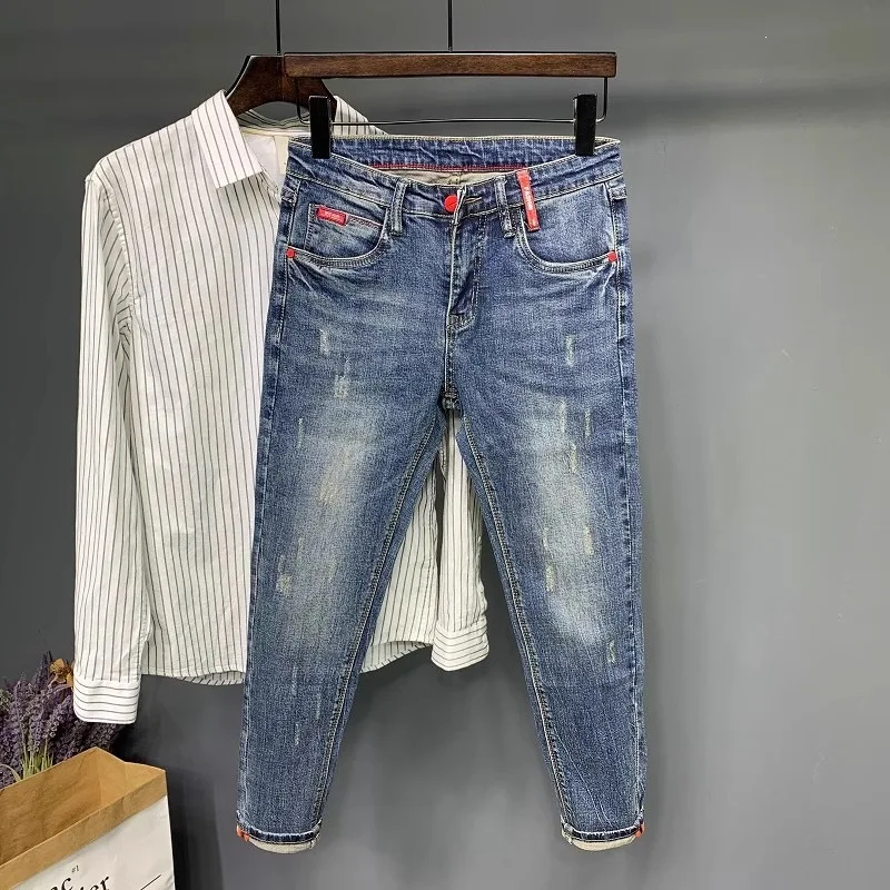 Men's Retro Embroidered Slim-fit Stretch Ankle 9-point Denim Pants Jeans