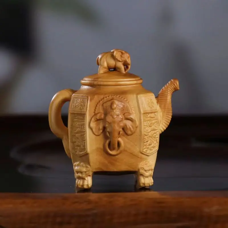 Leaflet Boxwood Carving Elephant Handle Pot Wen Play Hand Handle Men's Portable Plate Play Objects Home Accessories Ornaments