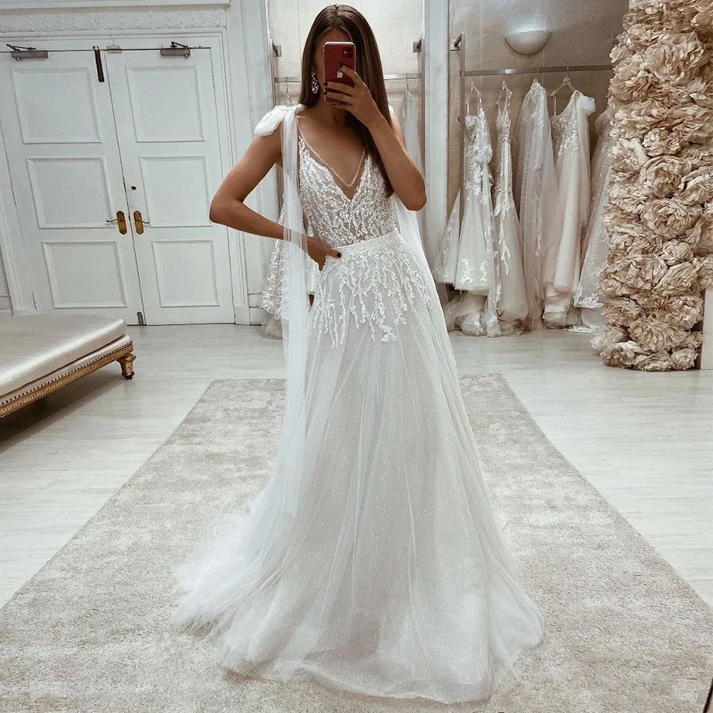 Sevintage Boho Shinny Tulle abiti da sposa scollo a v Appliques di pizzo cinghie di prua abiti da sposa A-Line abito da sposa taglie forti 2022