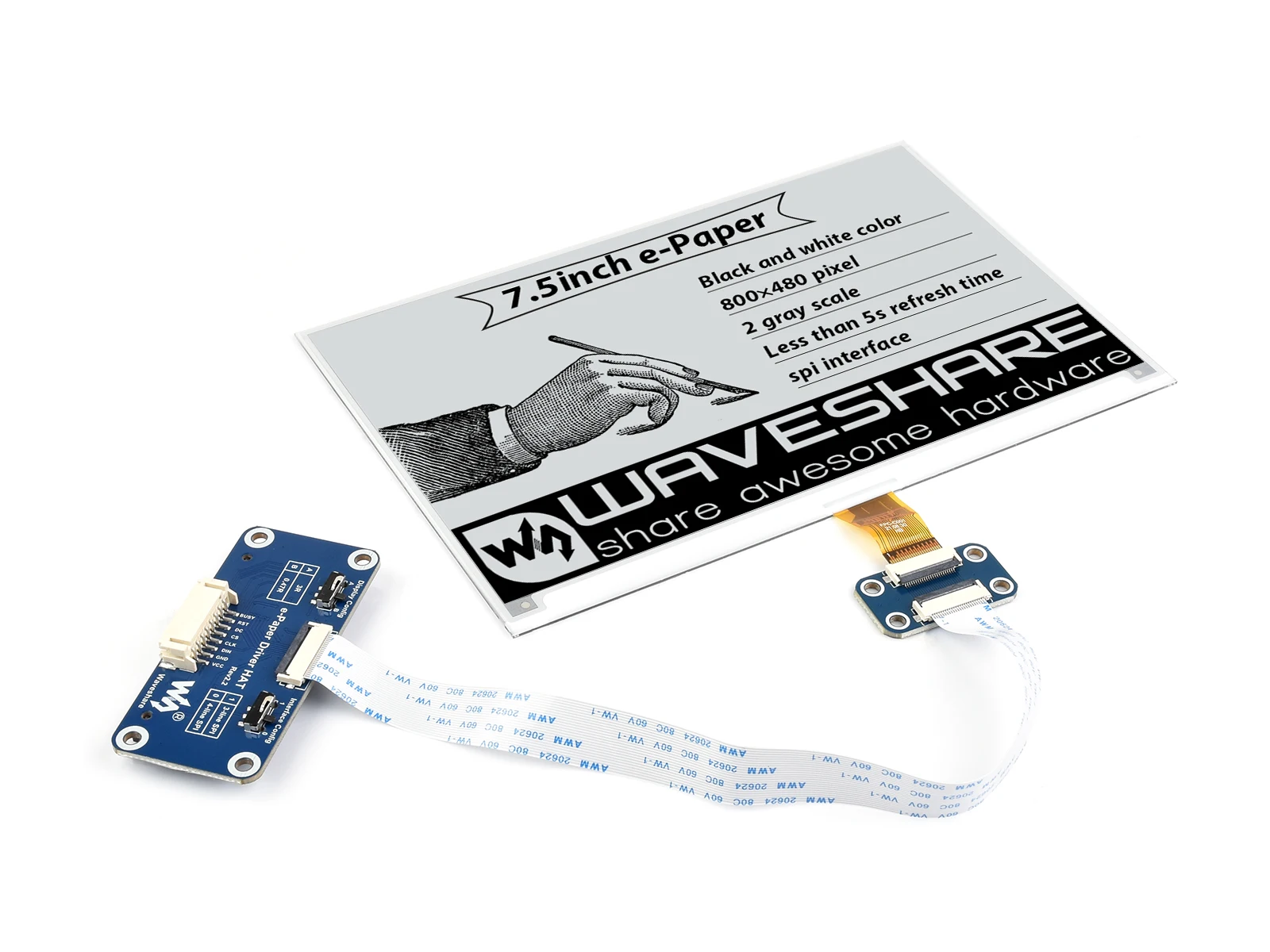 7.5inch E-Ink display HAT for Raspberry Pi,800×480,Wide Viewing Angle, Paper-Like Displaying Without Electricity