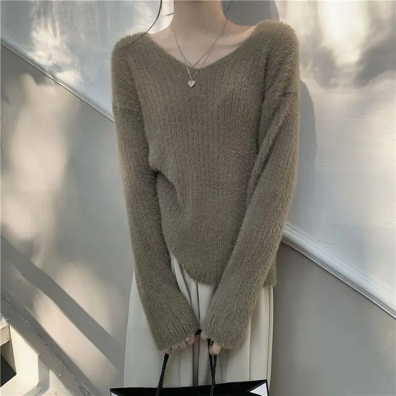 Ladies Sweaters V-neck Pullover Black Knitted Top for Women Grey Y2k Vintage Fashion Korea Cold Winter Jersey Harajuku Aesthetic