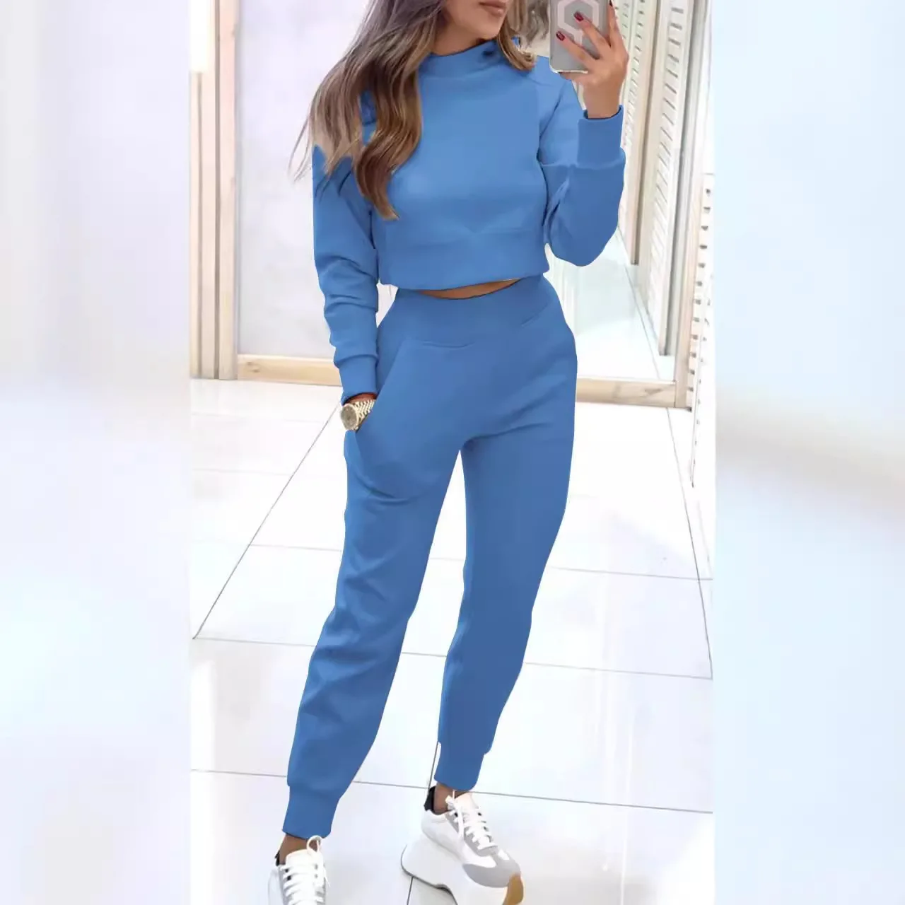 Fashion Long-sleeved Half Turtleneck Short Top + Nine-point Pants 2-piece Set Women Elegant Autumn Solid Color Slim Suit Female