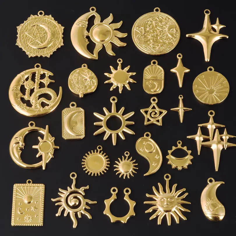 5pcs Gold Color Galaxy Sun Moon Star Charms Stainless Steel Pendant For Jewelry Making Supplies Handmade Necklace Keychain Charm