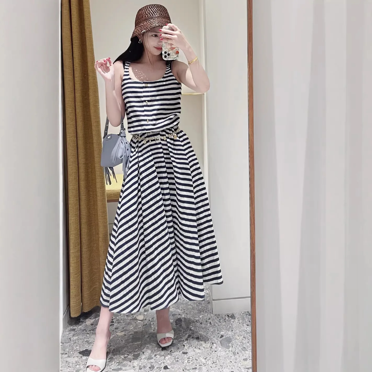 

Spring/Summer Women Nautical Striped Set POLO Neck Short Sleeve Shirt + O-Neck Sleeveless Top + High Waist A-Line Midi Skirt