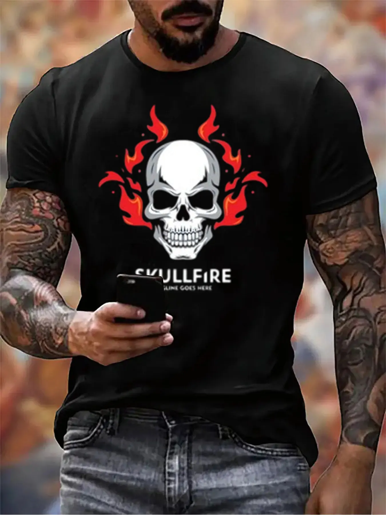 

Men's Cotton Skull Flames Print Tee For Christmas Gift, Soft Round Neck Shirt For Outdoor Activities, Top For Him