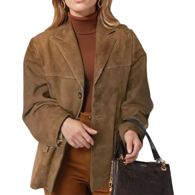 High Street Outwear Fashion Brown Lapel With Pocket Jacket Woman Casual Single Breasted Long Sleeve Short Coat 2024 Lady Autumn