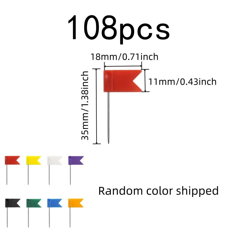 108 pcs Decorative Board Pins, File Notice Fixing, Lightweight Easy Push, Random Color Flag Design, Multipurpose