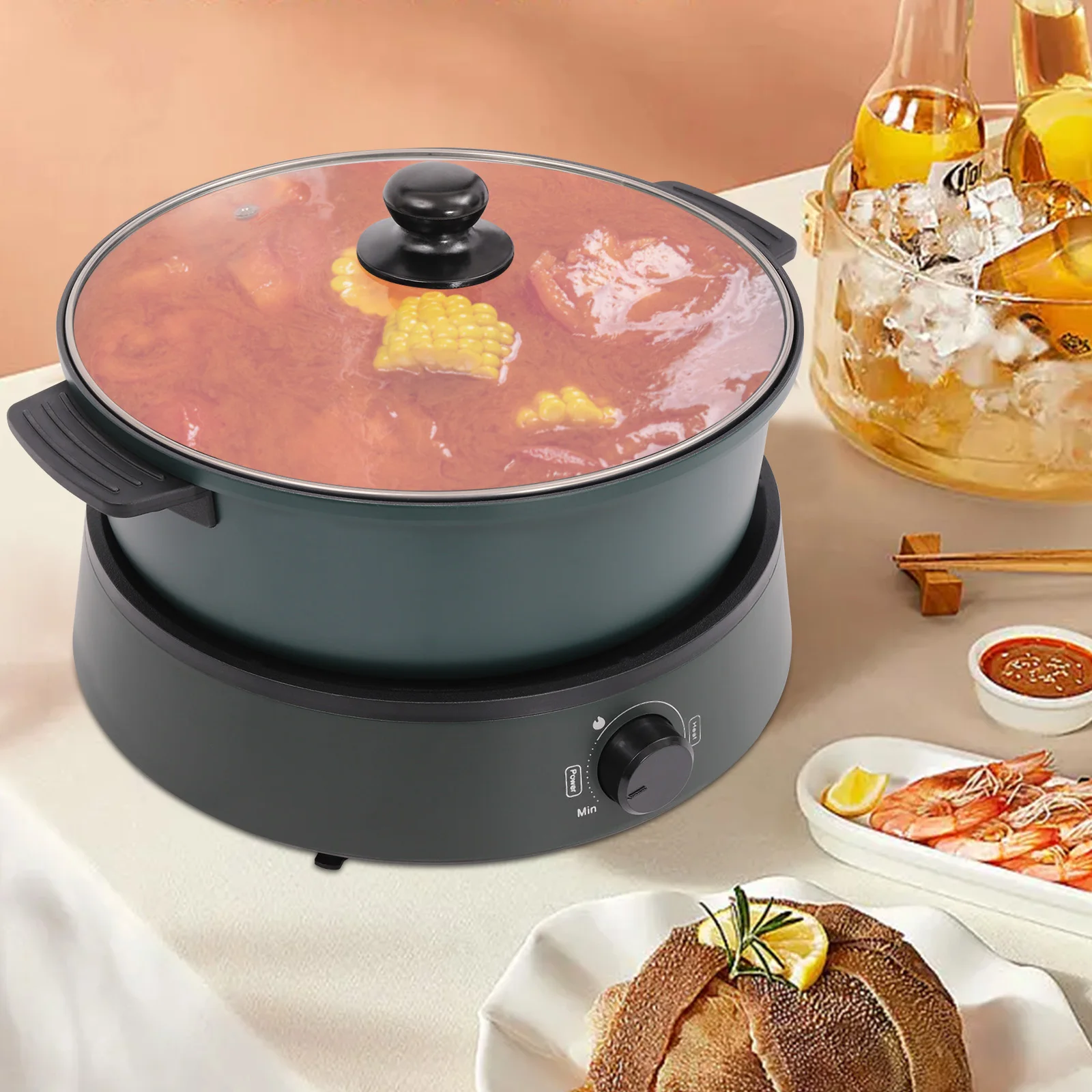 Olla caliente eléctrica con olla extraíble, olla caliente eléctrica antiadherente de 4L con control multipotencia, cocina eléctrica con vidrio templado