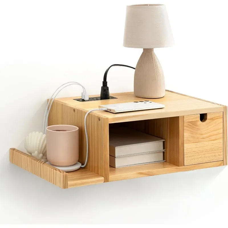 

Floating Nightstand with Charging Station, Modern Night Stand with Drawer Wall Mounted Bedside End Table