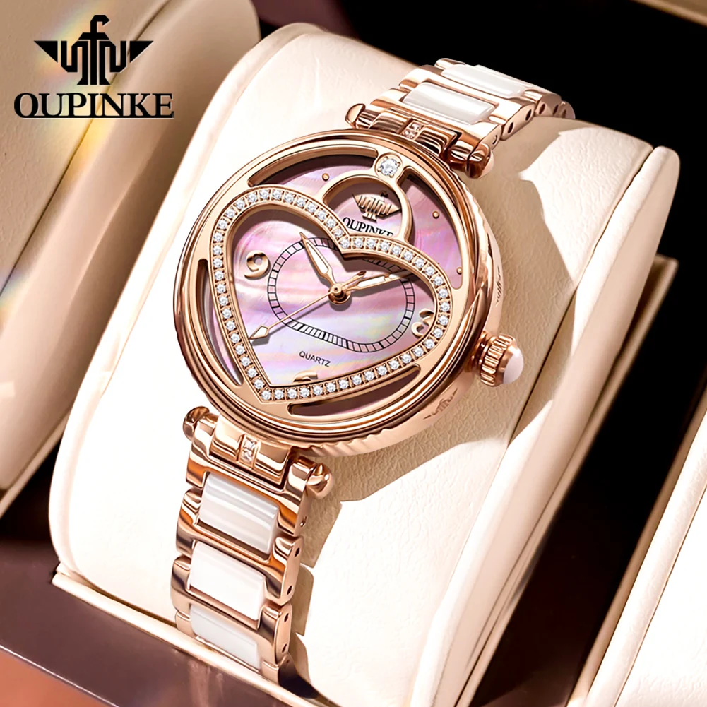 

OUPINKE Luxury Women's Watches Waterproof Love Dial Automatic Mechanical Watch Bracelet Gift Box Set Ceramic Tape Luxury Watch