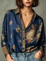 Chemisier élégant décontracté à col revers et manches longues pour femme, imprimé floral et léopard mélangé, coupe ample pour le quotidien 3