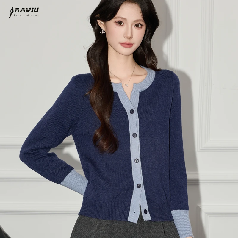 

NAVIU 2025 Elegant Casual Long Sleeve Cardigan Women Sweater V Neck Knitted Tops Fashion Autumn Navy Blue Patchwork Knitwear