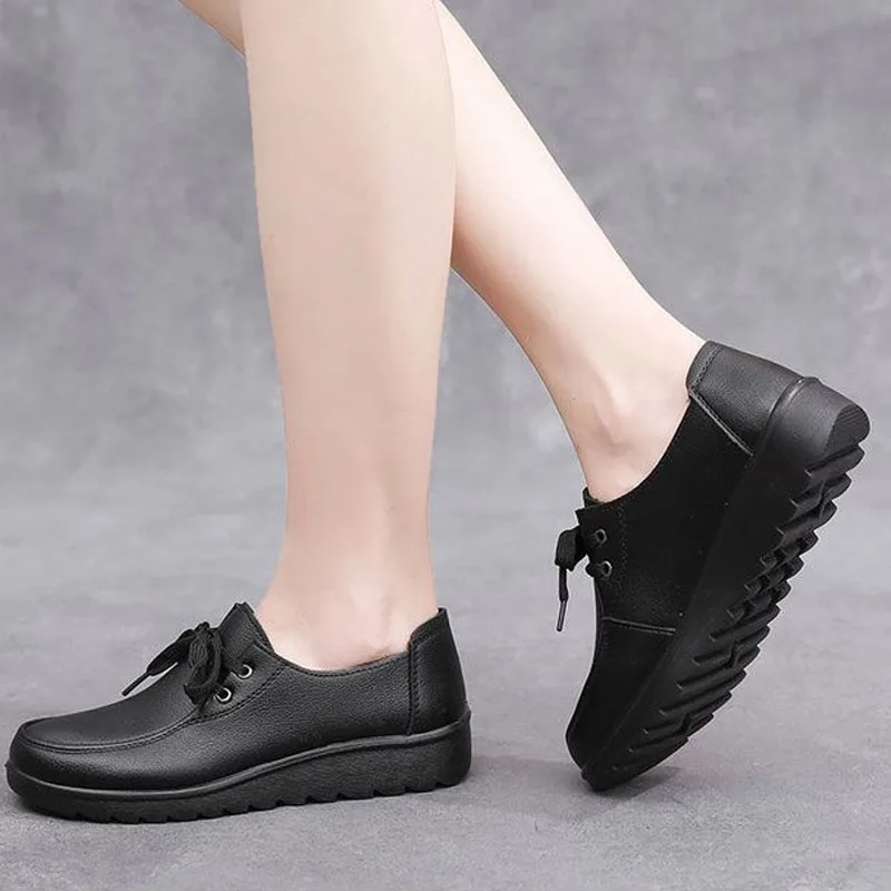 Spring Autumn Women Sneakers Lace-up Casual Shoes Black Leather Flats Commuter Shoes Daily Soft Sole Loafers Leisure Thin Shoes