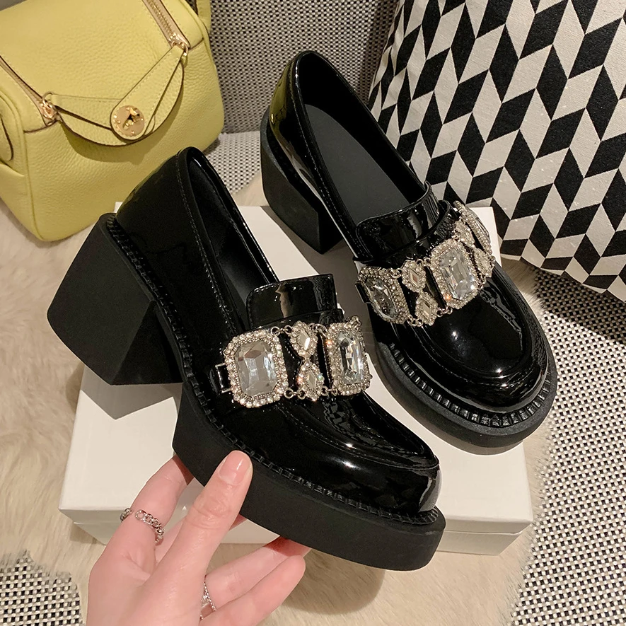 Rhinestone Platform Mary Jane Shoes Women Pumps New Black Thick Bottom Loafers JK Uniforms Fashion Crystal Chunky Loafers Female