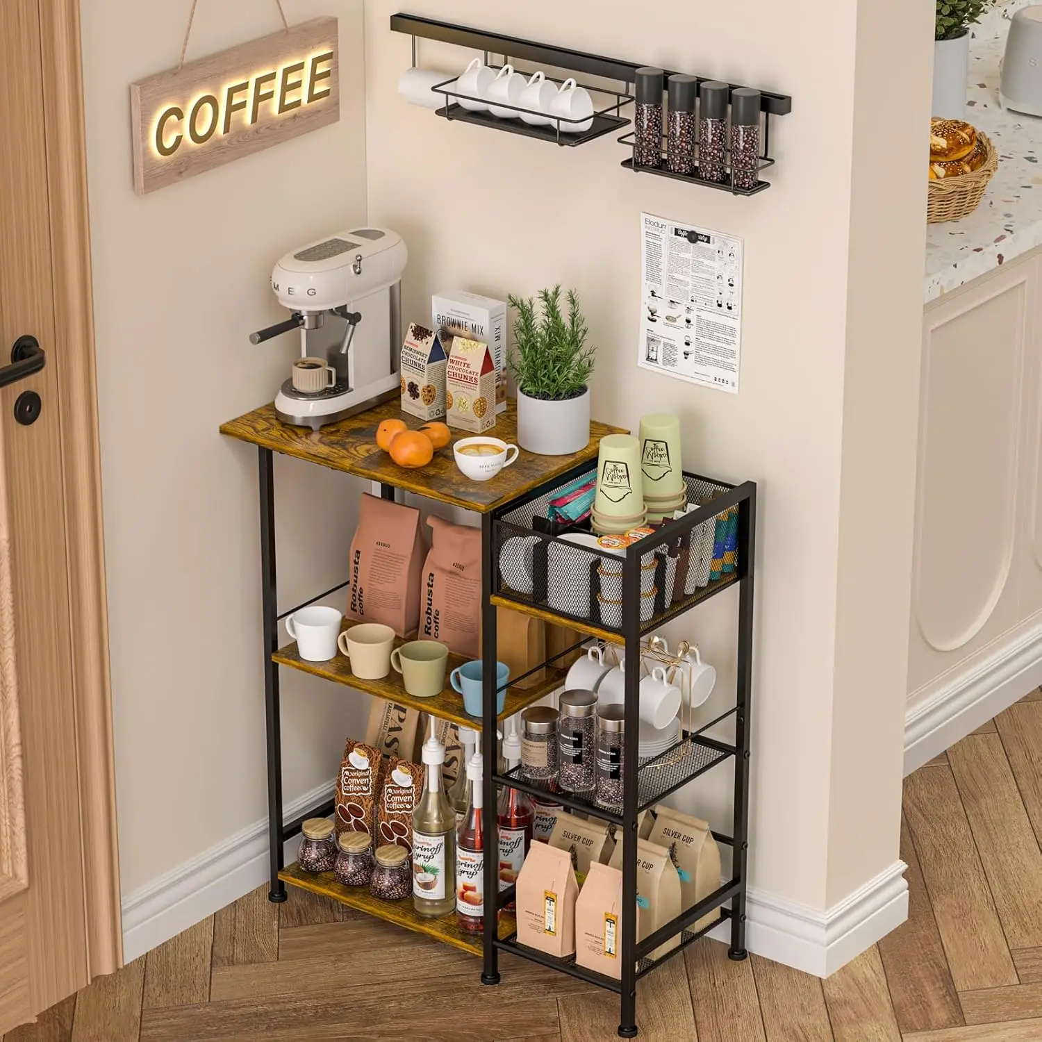 Coffee Station Cabinet , Farmhouse Coffee Stand, 3 Tier Coffee Table for Living Room/Entryway/Kitchen