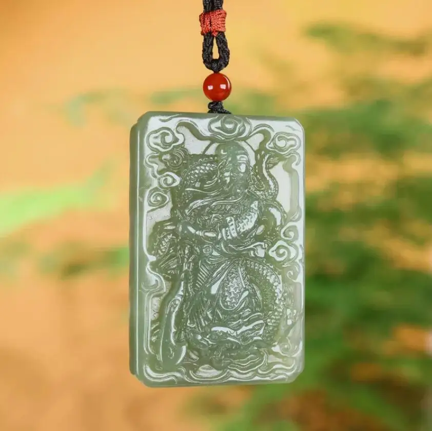 

Chinese Natural Grade A Green HeTian Jade jadeite Hand-Carved pendant GuanGong