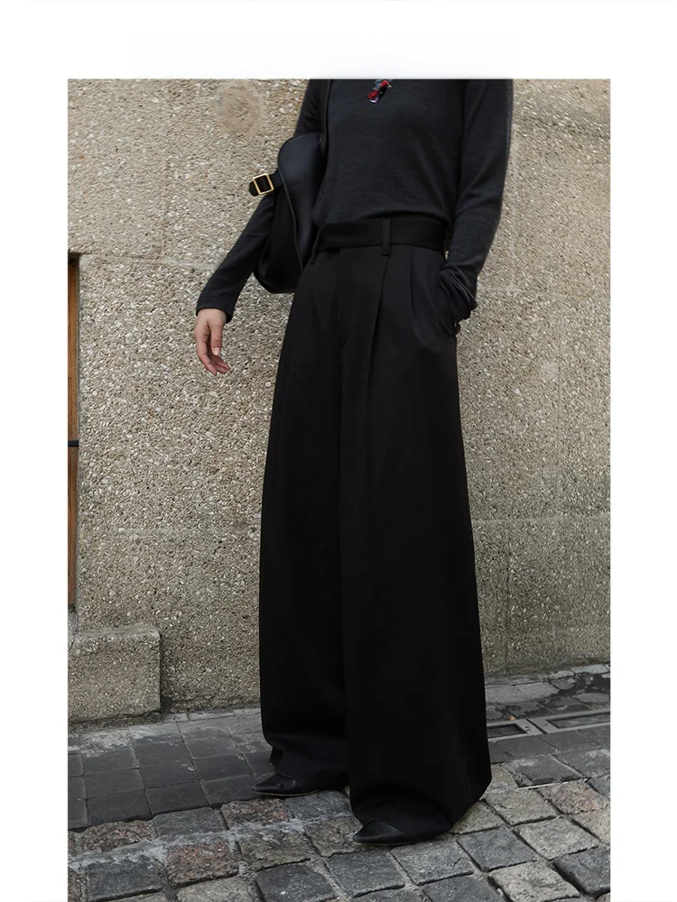 

Ordinary times V-Style Intellectual Woolen Wide Leg Pants Commute Versatile Drapey High Waist Casual Trousers for Women
