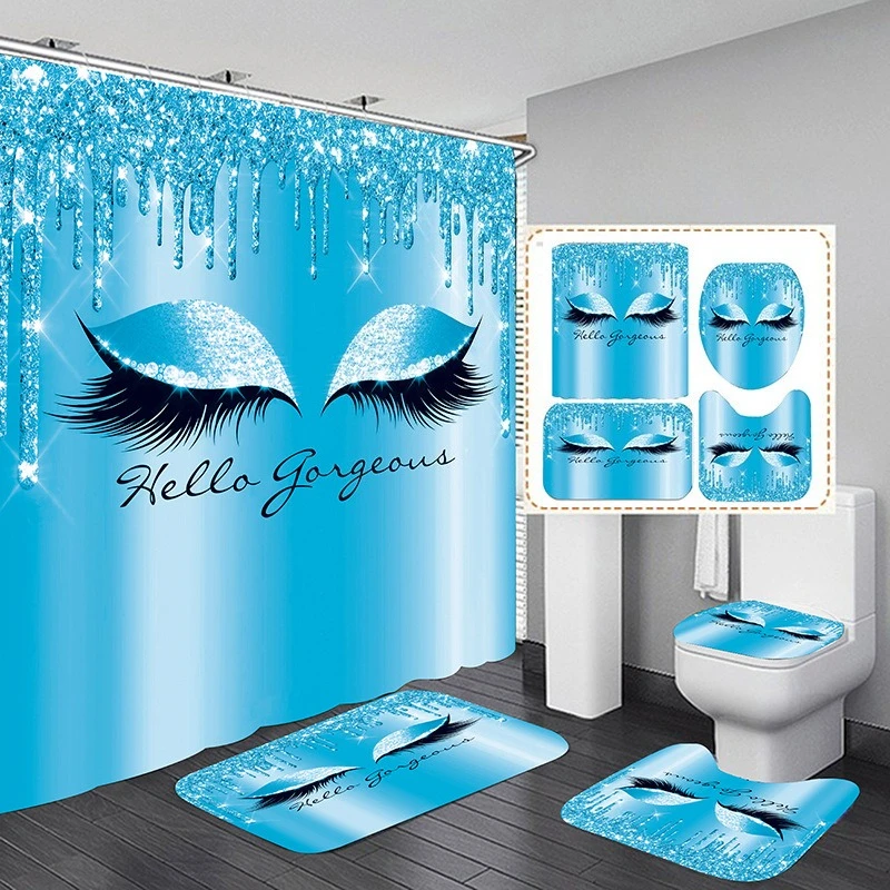 4pcs/set 3D Printed Shower Curtains, Eyelash Shower Curtain, Bathroom Non Perforated Partition Curtain, Toilet Floor Mat Set