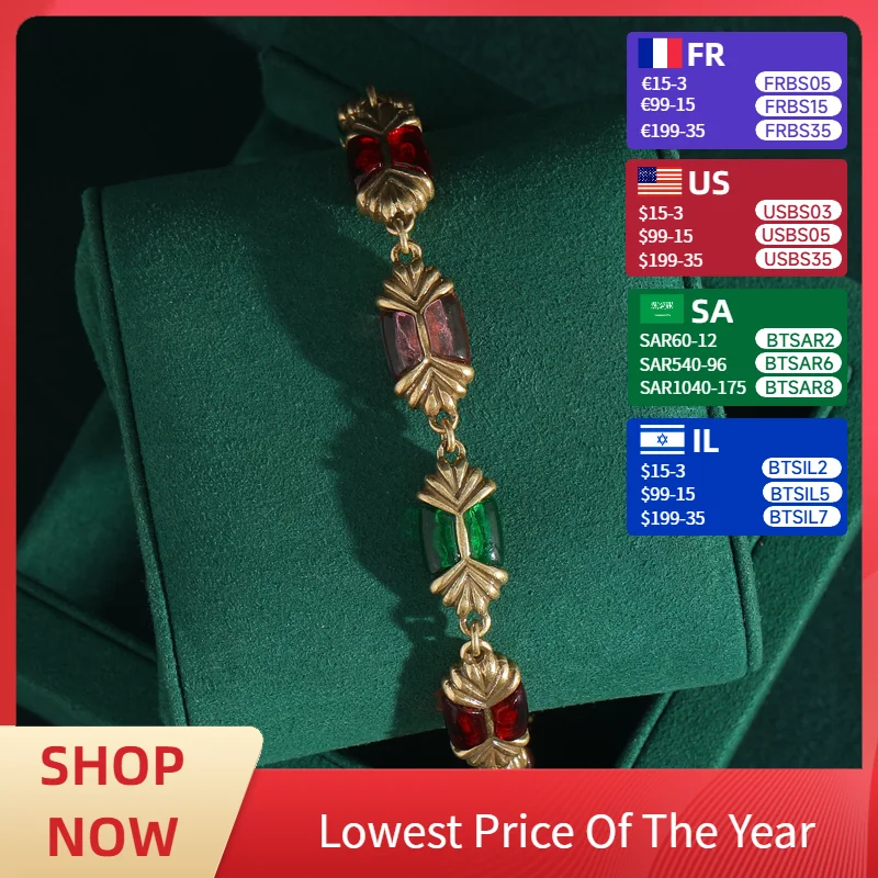 

Vintage Jewelry Enamel Pink Bracelet Beads Woman Green Tricolor Beans Gold Color Luxury Accessories Antique Valentine Day Gift