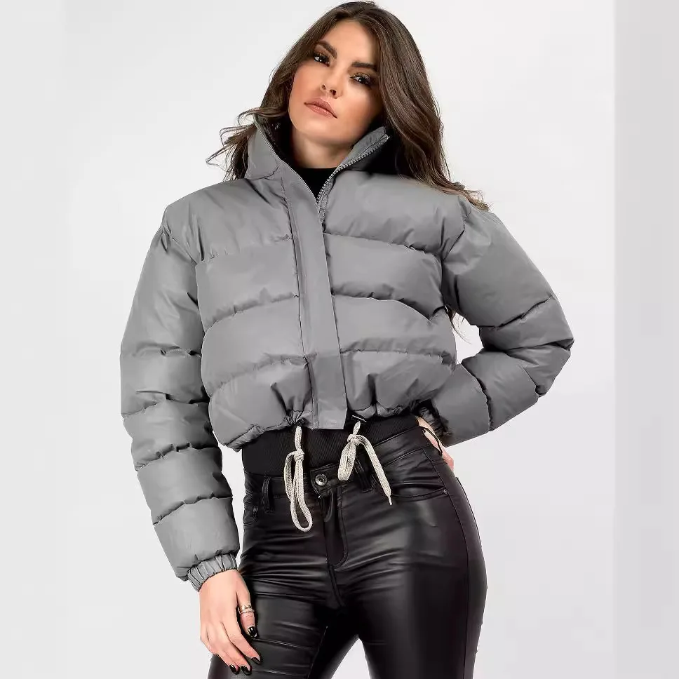 

Women Down Cotton Coat Winter Casual Solid Color Stand Collar Warm Puffer Jacket Outwear Ladies Zipper Crop Top Jacket