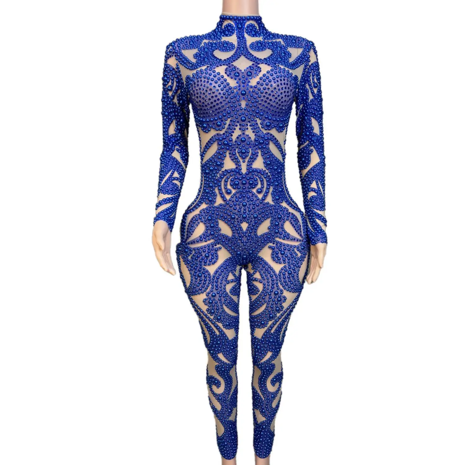 

Luxury Elegant Blue Pearls Long Sleeves Jumpsuit Sexy Elatic Women Singer Outfit Birthday Celebrate Evening Party Wear Laohua