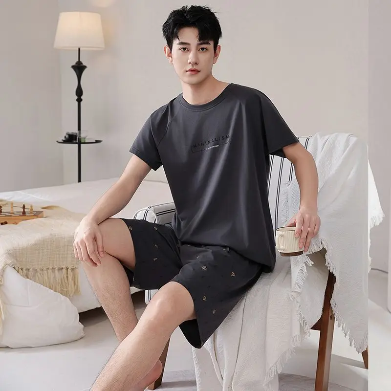 2026 Summer Plus Size Short Sleeve 100% Cotton Pajama Sets for Men Korean Casual Plaid Sleepwear Pyjama Homewear Male Clothes