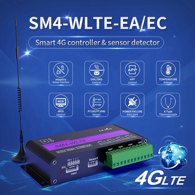 NEW-SM4-WLTE 4G Draadloze Gsm Sms Afstandsbediening Aan/Uit Schakelaarcontroller 4 Relais App Afstandsbediening Temperatuursensor-Eu-Stekker