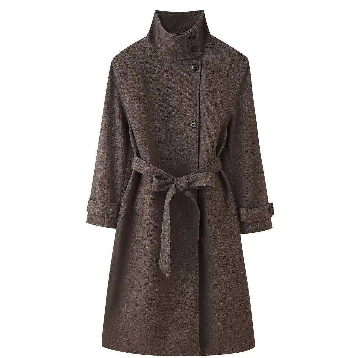 DUOPERI Women Coffee Brown Asymmetrical Placket Belted Long Coat Funnel Collar Female Chic Lady Casual Outerwear