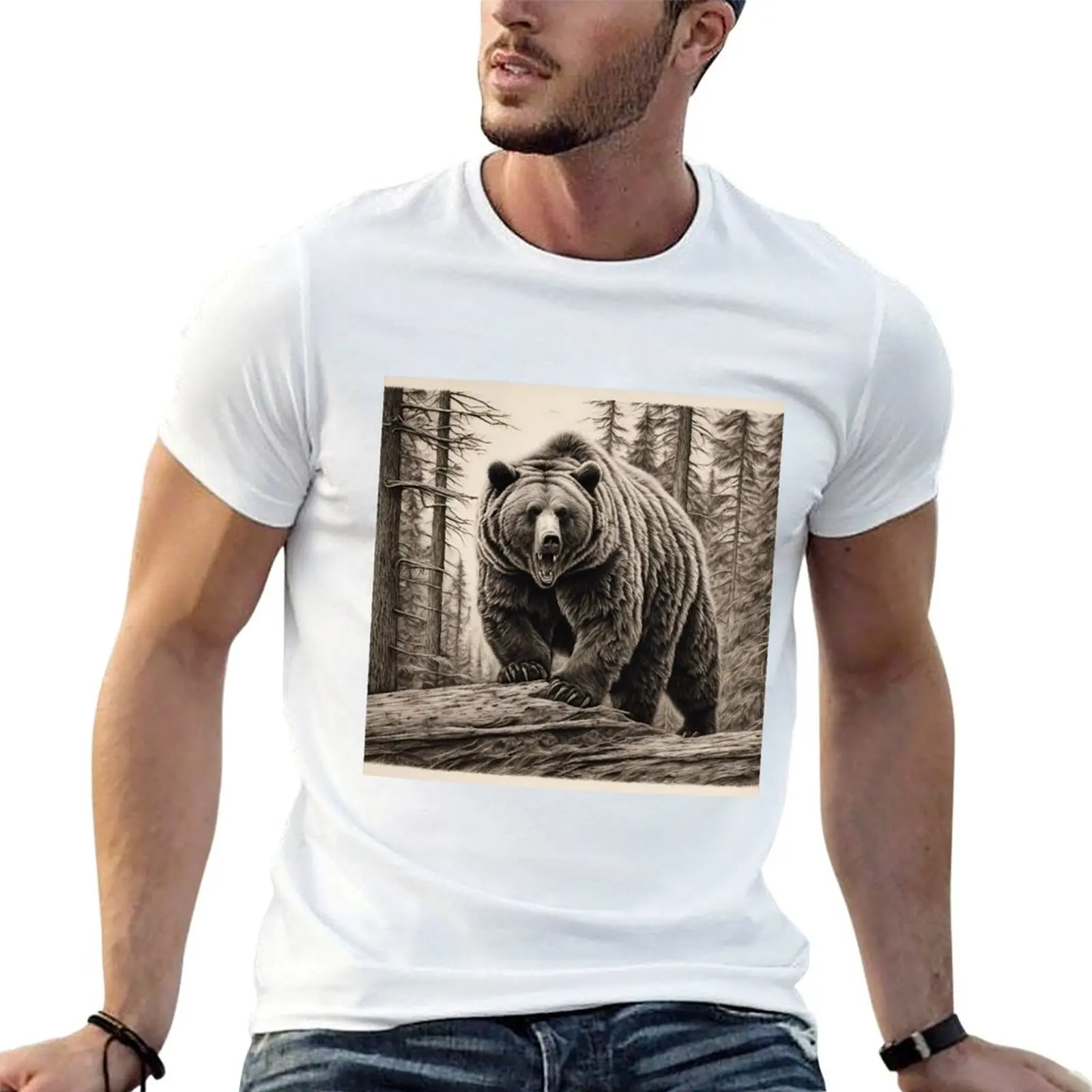 Grizzly Bear in monochromatic T-shirt anime clothes for a boy korean fashion kawaii clothes men graphic t shirts