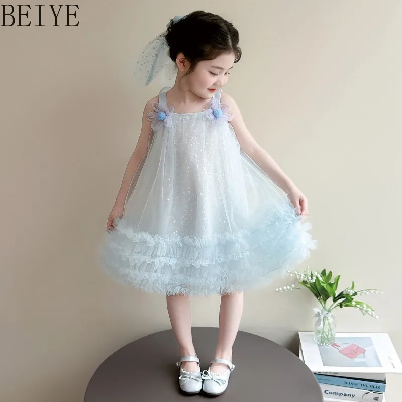 

2026 New Summer Children's Sweet Dress Suspender Princess Style Fluffy Dress Girls Flower Straps Birthday Party Ball Gown