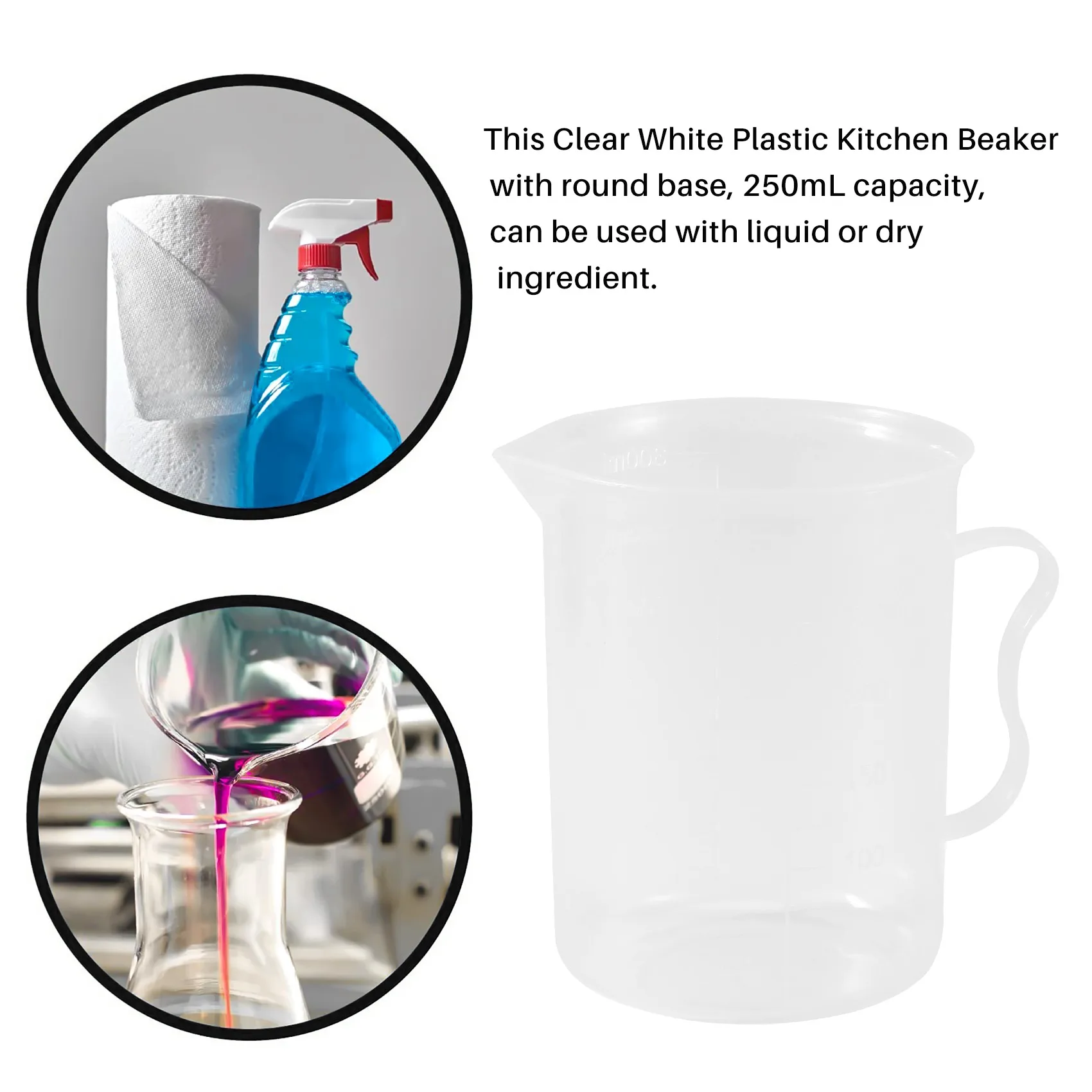 AT77 Measuring Jug 250mL Graduated Beaker Clear White Plastic Cup