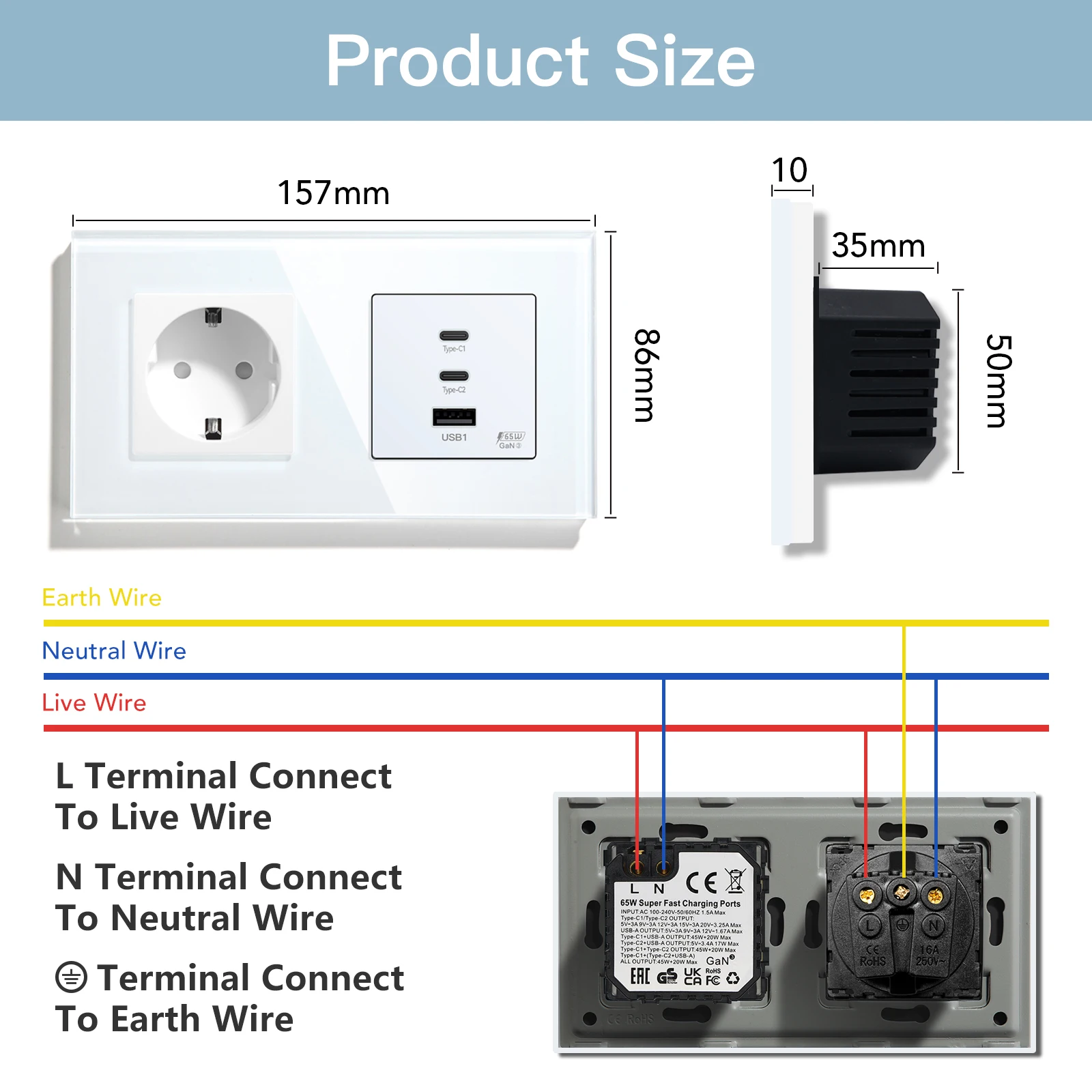 BSEED Universal 65W Quick Charge USB Port Glass Panel Power Wall Socket Type C Power Delivery Charge USB Socket EU Standard