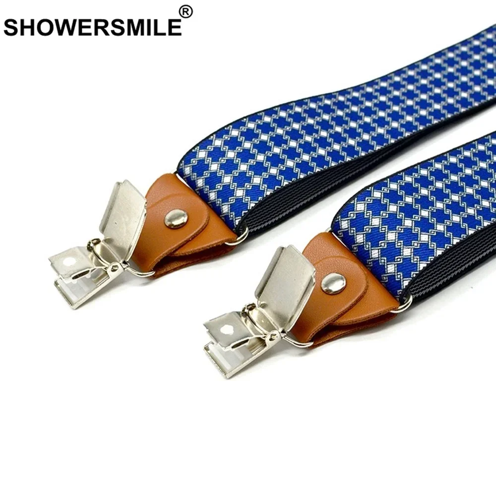 SHOWERSMILE Pantaloni da uomo Cintura Blu Plaid Bretelle da lavoro Uomo Bretelle elastiche larghe regolabili 3 Clip Cinghie 120 cm * 3,5 cm