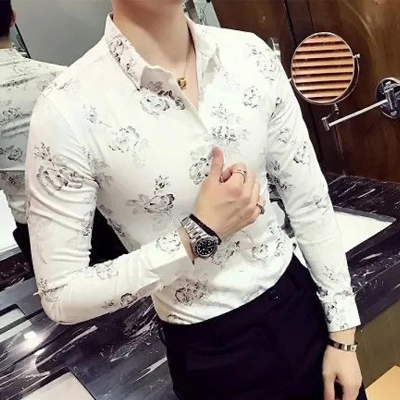 New Summer Korean Style Simplicity Loose Casual Retro Lapel Collar Elegant Fashion Men Shirt Print Button Long Sleeve Chic Tops