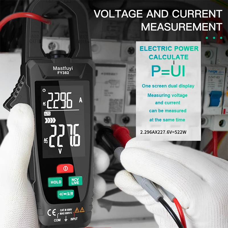 FY382 Multimeter Clamp Meter True RMS 9999 Counts Digital Temperature Tester LCD Screen AC DC Voltage AC Current Detector