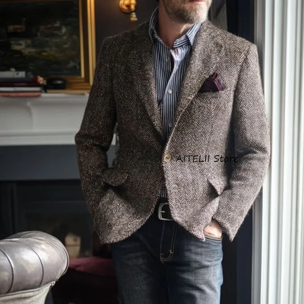 

Мужской пиджак в винтажном стиле из ткани «елочка», приталенный, с отложным воротником, однобортный, для делового повседневного стиля