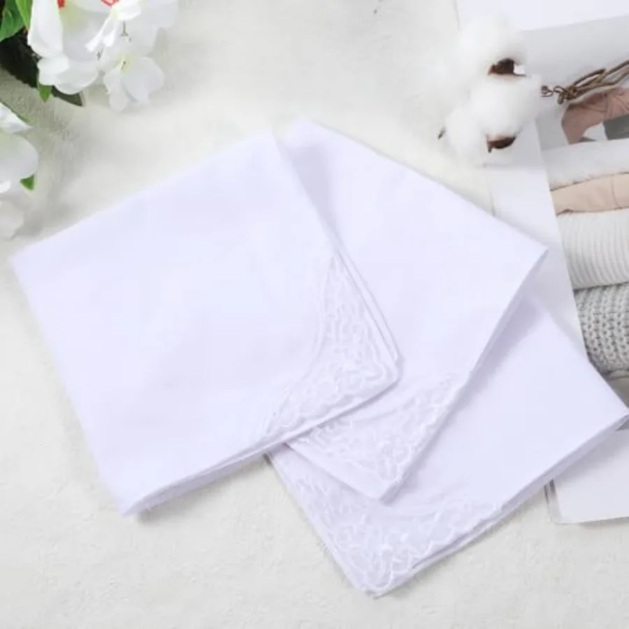 3 PCS White Soft Cotton Handkerchiefs for Women with Elegant Embroidery Lace Pure Color Square Hankies for Daily Use Perfect Ac