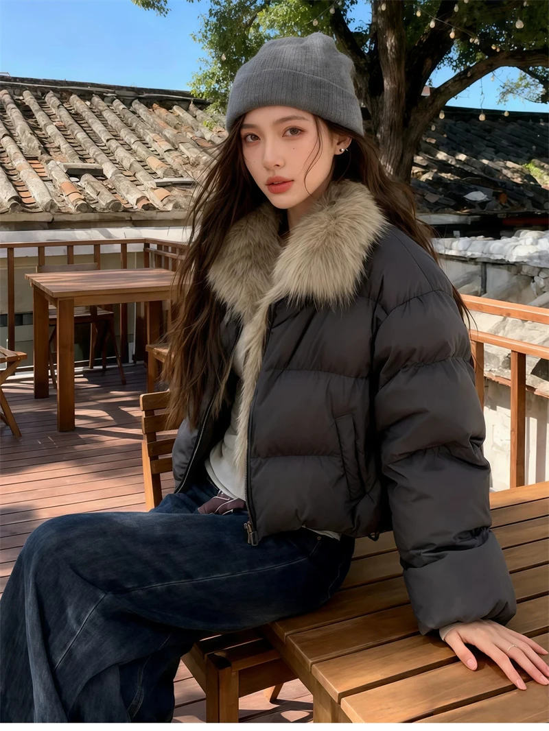 ZAROY Women's Winter Jacket Luxury Fox Fur Collar Puffy Thicken Warm Cotton Short Coat High Street Fashion Outwear Parkas куртка