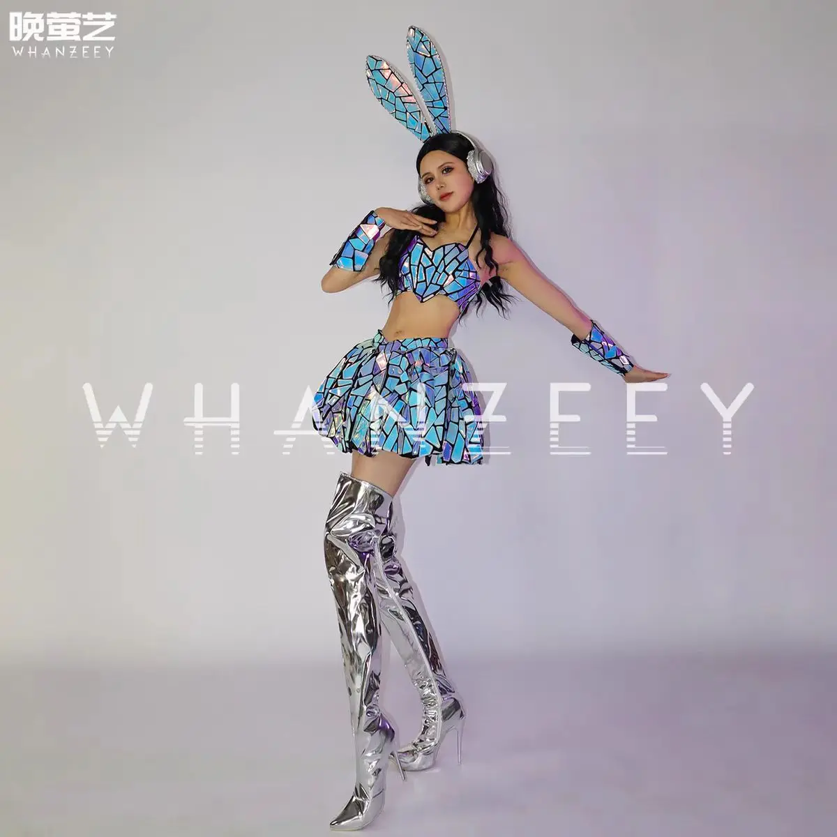Nightclub Bar DJ Female Singer Performance Clothing Colorful Laser Lens Rabbit Ear Split Set Dance Team Party Theme Show