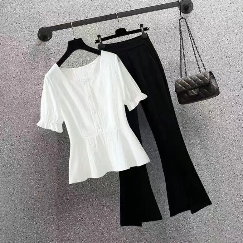 Set dua potong sederhana dan elegan untuk wanita, atasan warna solid dengan kerah persegi serbaguna dan anti-penuaan + celana melebar untuk musim panas.