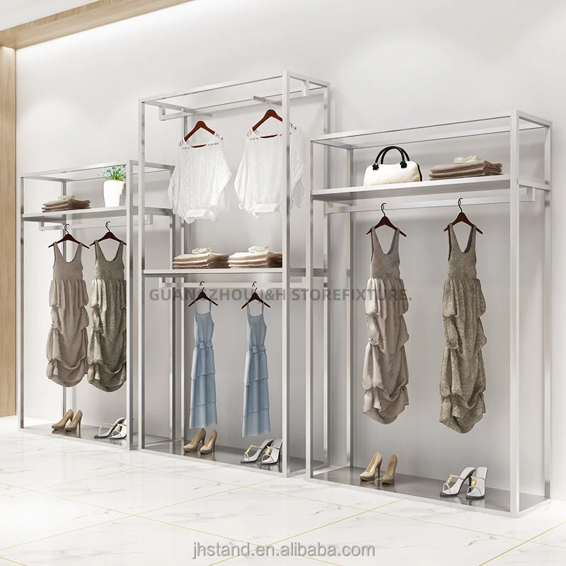 customized.Showroom design  stainless steel women dresses shop special clothes rack glossy sliver clothes stand garment display