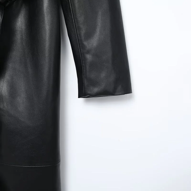 2025 Winter New Women's Casual Fashionable Temperament Lapel Faux Leather Detachable Collar with Belt Versatile Coat