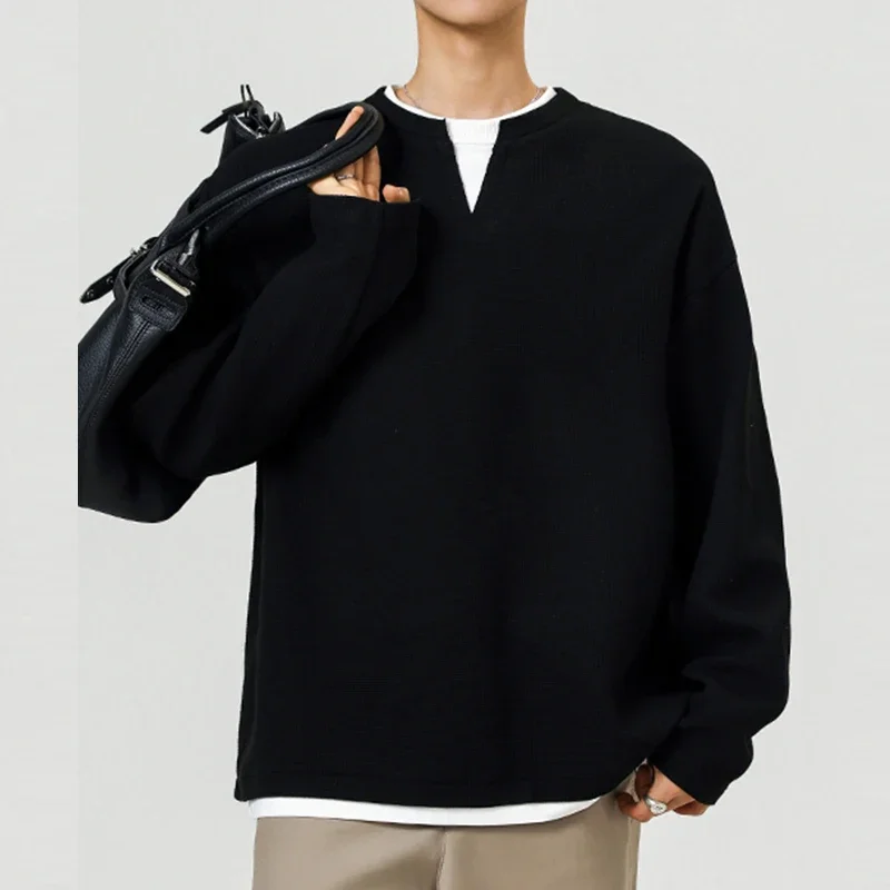 Daily Urban Henley Shirt Men Long Sleeve Notch Neck Fake Layer Hem Soft Waffle Fabric Basic Fashion Outer Garment image 3