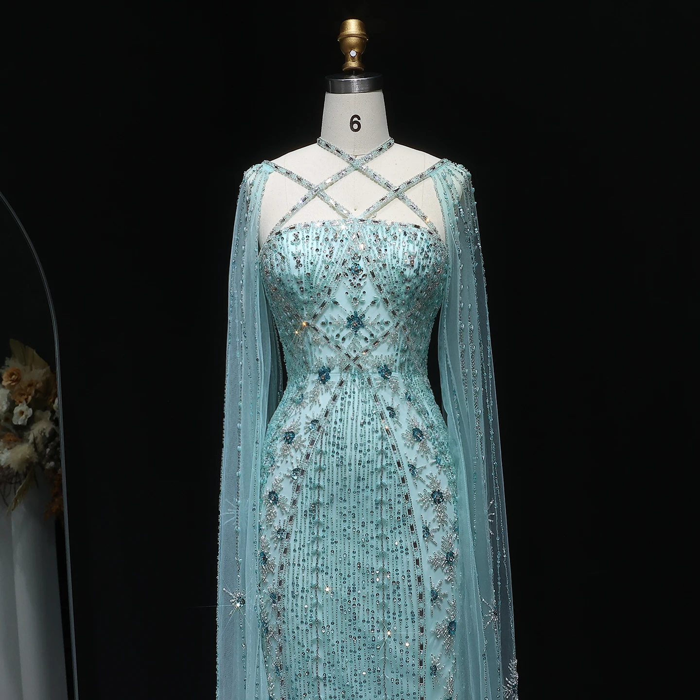 Sharon Said Dubai Champagner Meerjungfrauen-Abendkleider mit Cape-Ärmeln Aqua Criss Cross Flieder Hochzeits-Partykleid SS391 Maßanfertigung – Detail 10