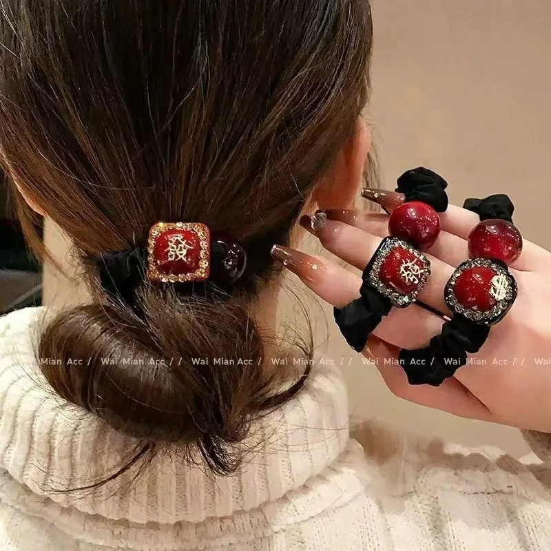 Light luxury explosion New Year's rich square hair band rubber band headband hair tie female red natal year hair accessories