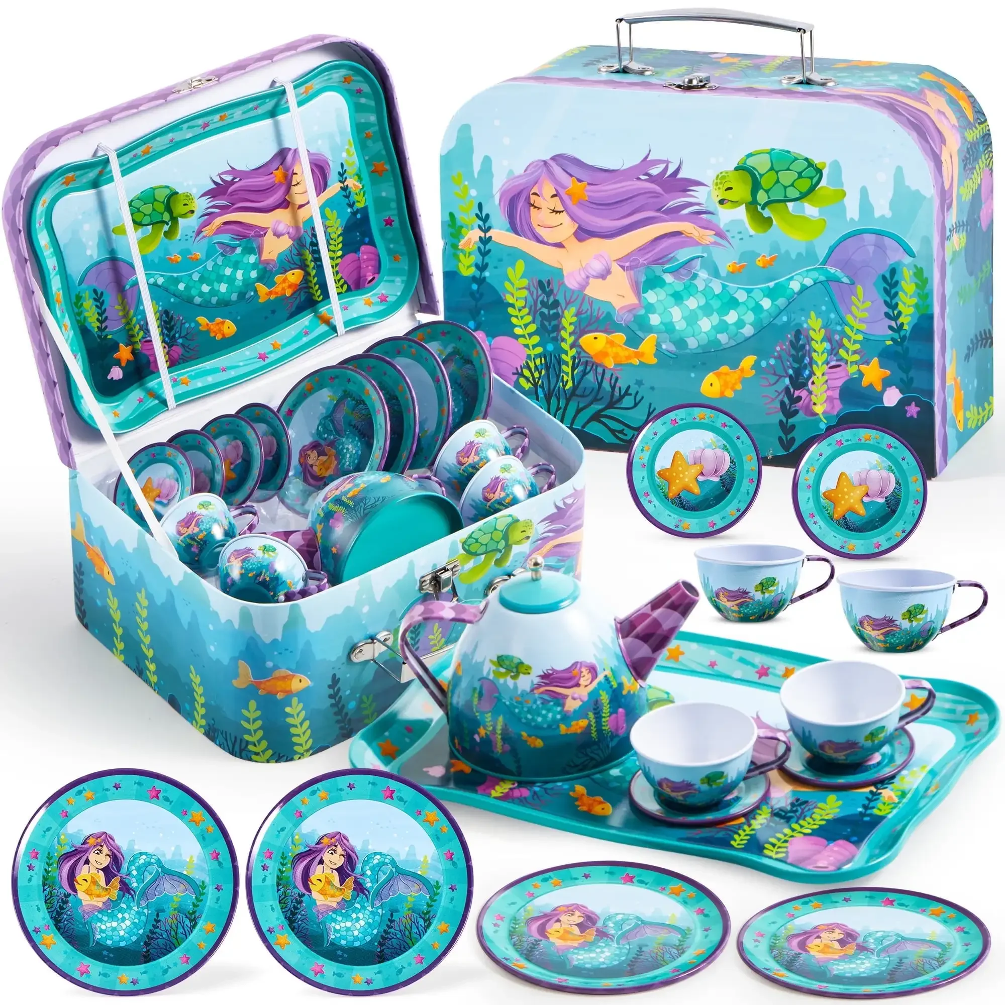 Joyfy Kinder-Teeset, Meerjungfrau-Teeparty-Set, Prinzessin, Rollenspiel, Blech-Teekannen-Set, Küchenspielzeug für Mädchen, Kleinkinder, 2, 3, 4, 5 und 6 Jahre alt