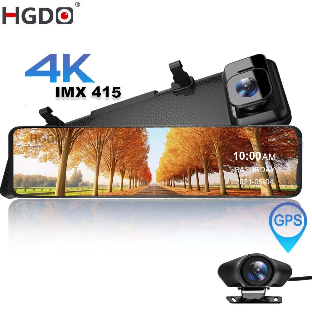 HGDO 12'' 4K Dash Cam 2 in 1 Car DVR Camera with Mount Video Recorder IMX415 Rear View Mirror Camera  GPS Wifi Registrar
